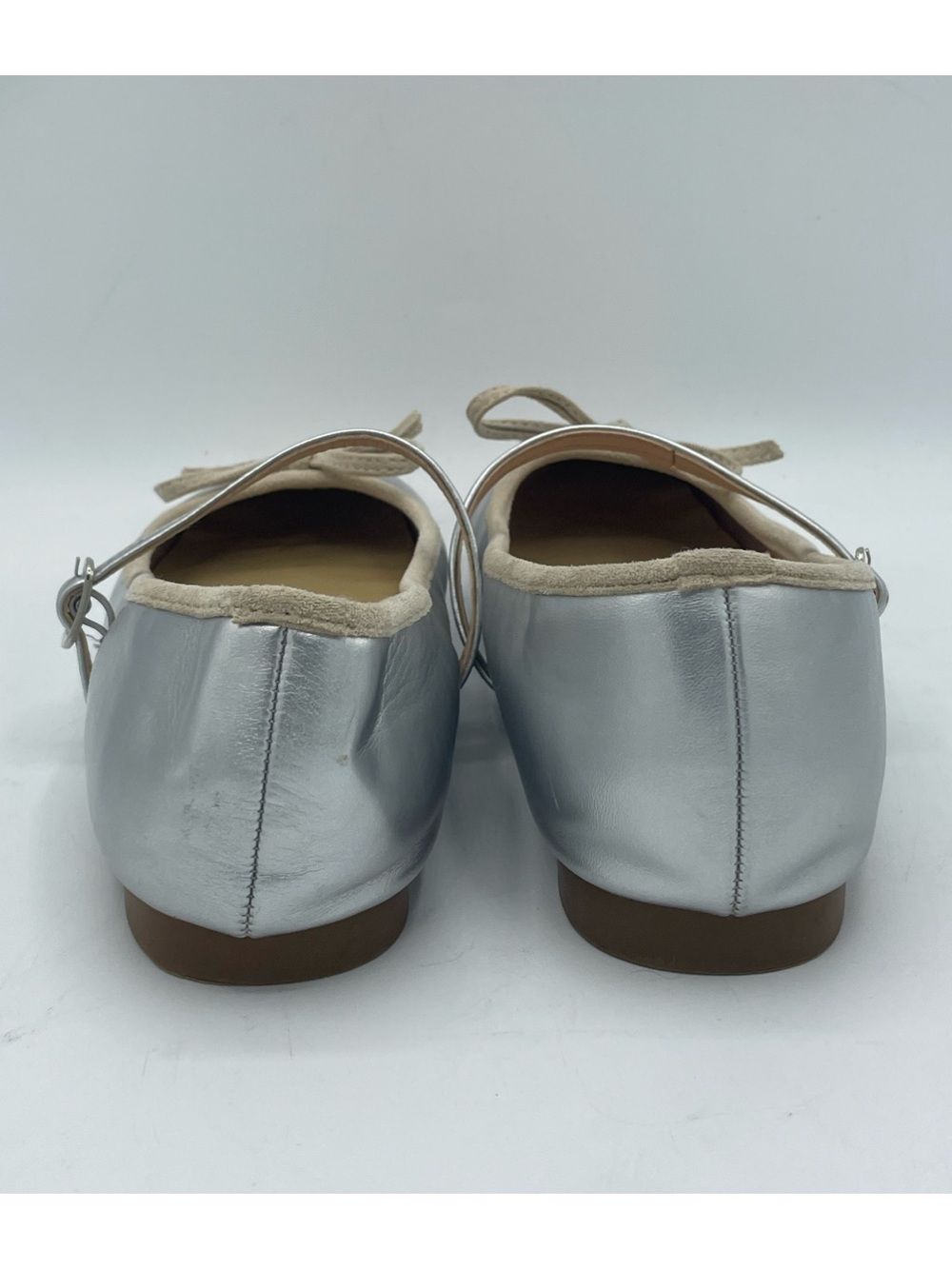 C. Paravano Clara Silver Mary Jane Ballet Flats with Beige Suede Trim and Bow. - Picture 6 of 11